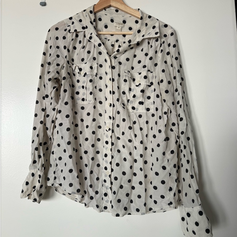 JCrew 100% Silk Polka Dot Utility Button Down Collared Blouse in Black and White
